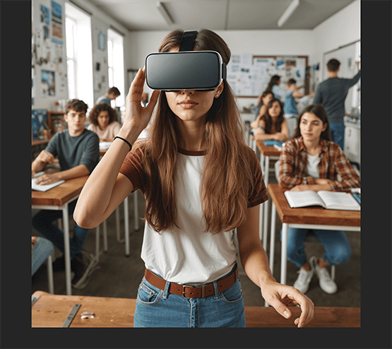 Eine Schülerin steht in einem Klassenzimmer und trägt ein VR-Headset. Sie hält dabei eine Hand an das Headset. Im Hintergrund sind ihre Mitschüler:innen zu sehen, die an ihren Tischen sitzen und sie beobachten.